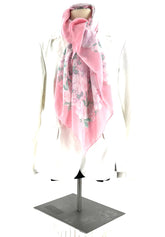 Pink Scarf Sheer Light Weight With White And Pink Flowers And Green Leaves - TheRealThreads